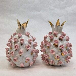 Vtg Salt and Pepper Shakers Pink Rose Gold Pineapple KW3053 Japan FAIR Cond READ